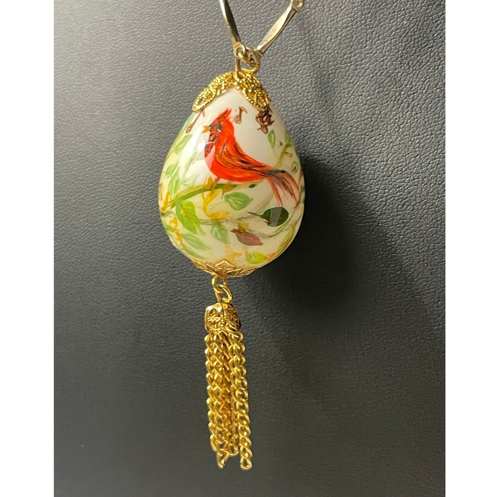 Vintage Cardinal Egg Necklace Pendant Tassel Gold Tone Bird Dainty